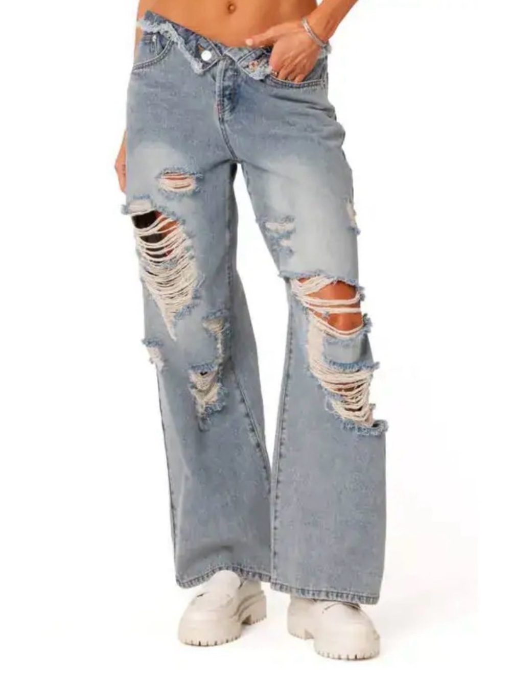 Edikted Foldover Low Rise Baggy Boyfriend Jeans Light Blue Button Fly Small
